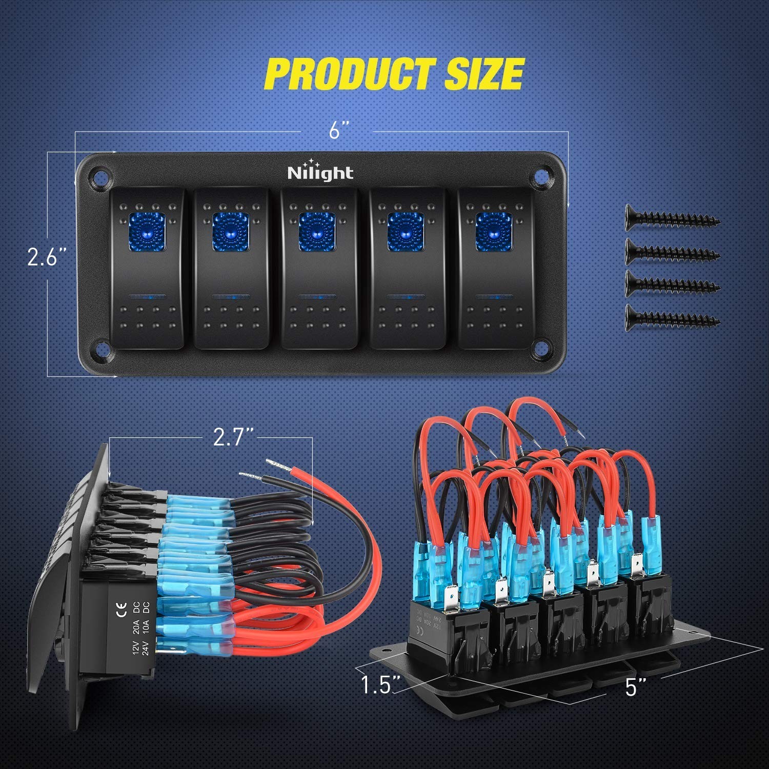 Customizable Pre-Wired 5 Gang Rocker Switch Panel for Automotive & Marine Use