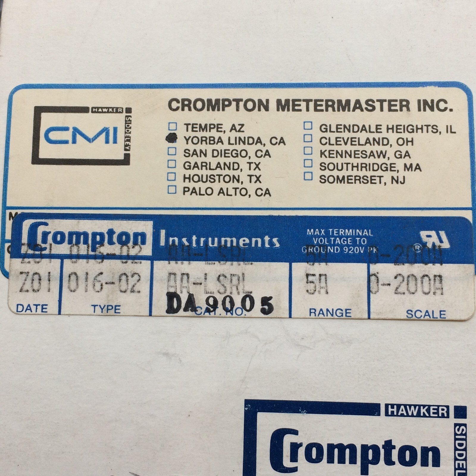 Crompton 016-02AA-LSRL-5A Panel Meter 0-200 AC Amps NOS