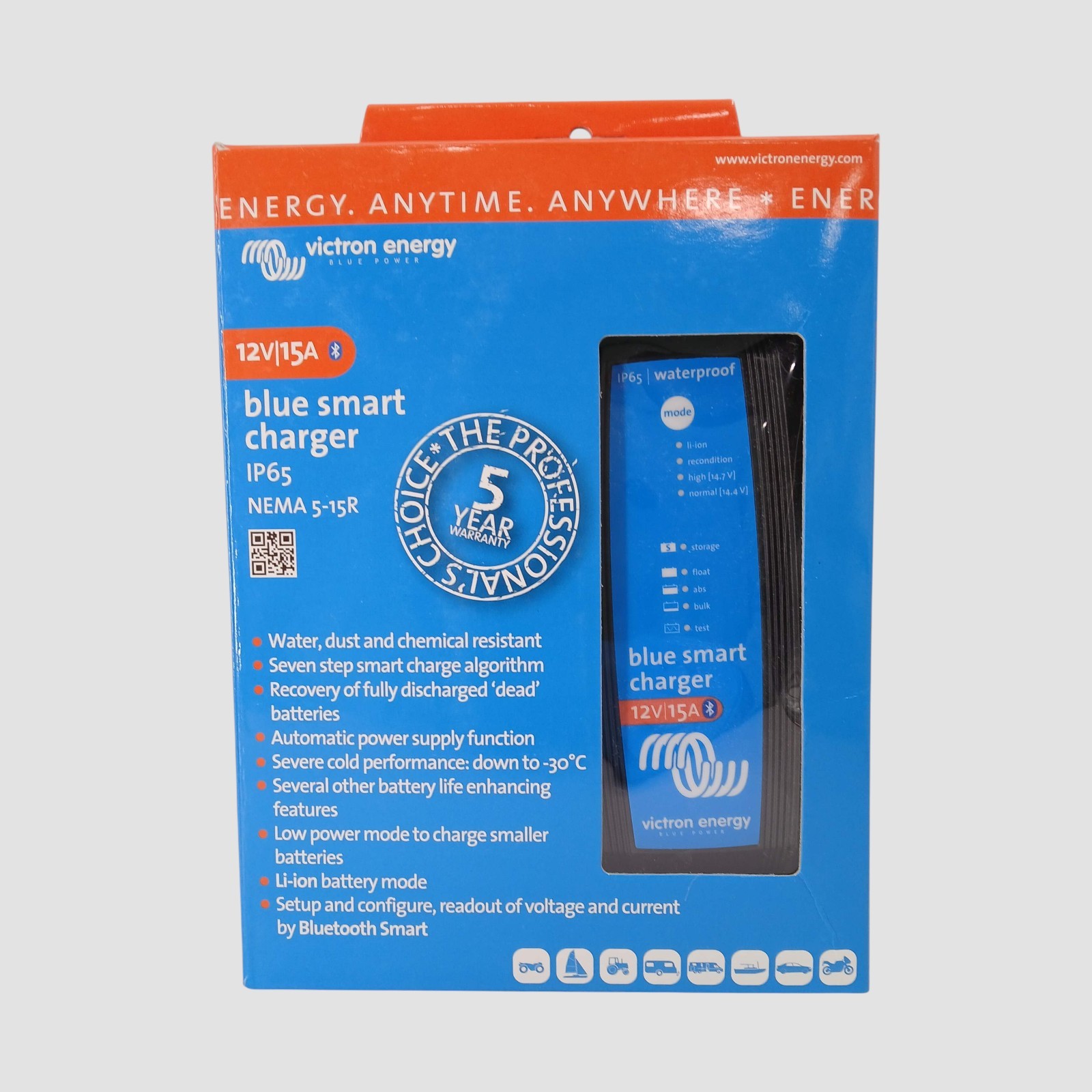 Victron Energy Blue Smart IP65 12V/15A 120V NEMA 5-15R Battery Charger