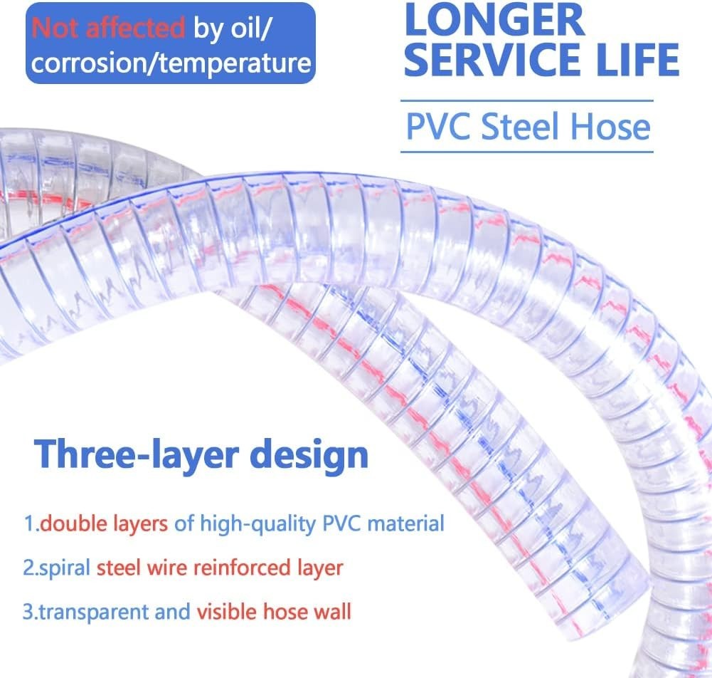 3/4″ ID x 1″ OD, 10FT length Steel Wire Hose PVC Vacuum Tubing with 2 Stainle…