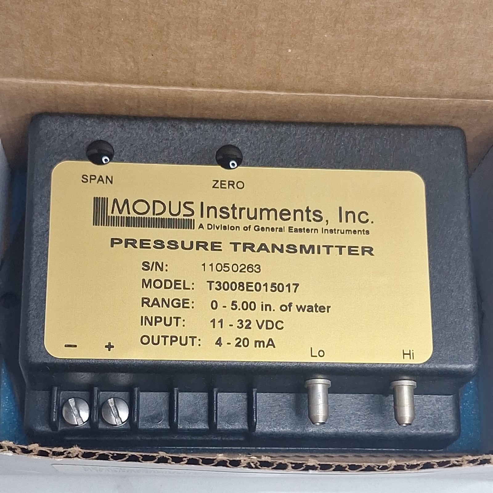 Modus Instruments T30-050 T3008E015017 Press.Range 0-5.0 In of Water Out: 4-20mA