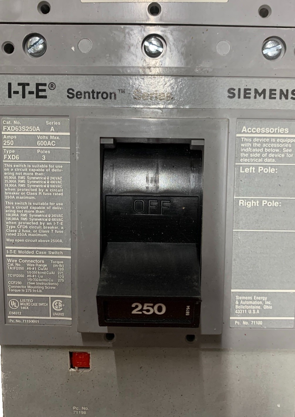Siemens FXD63S250A circuit breaker
