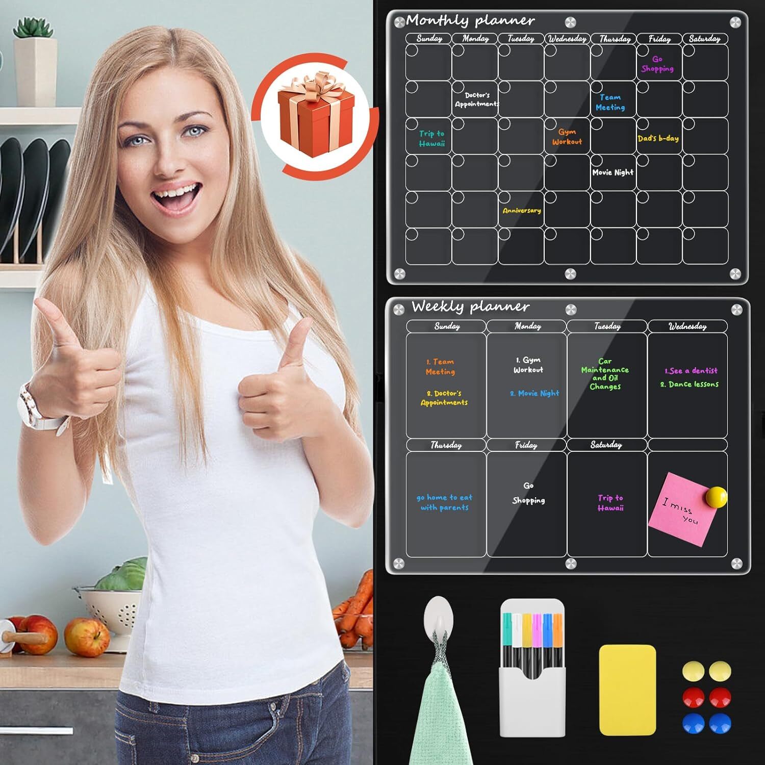 Acrylic Magnetic Monthly Weekly Calendars for Fridge Transparent Dry Erase Board