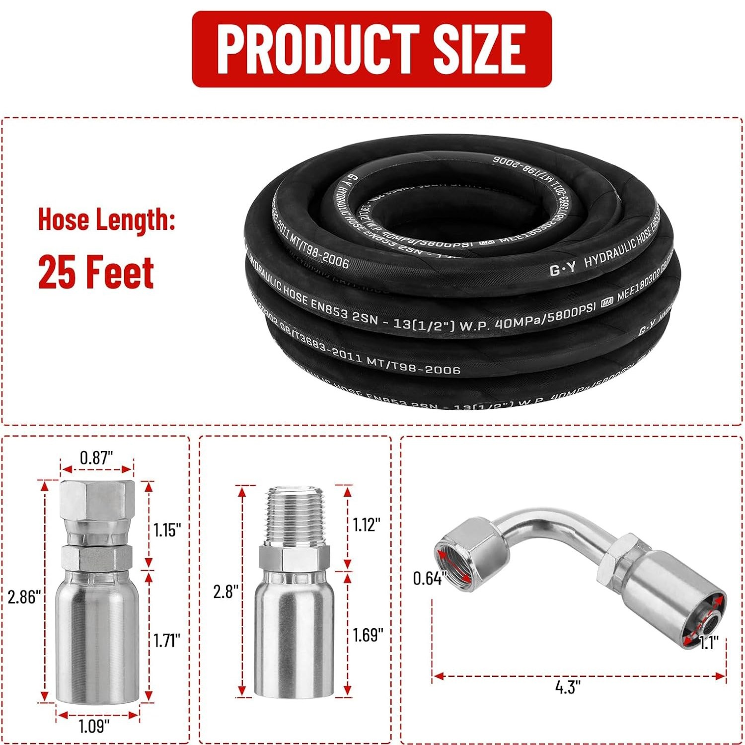 1/2″ 25′ HYDRAULIC HOSE TWO WIRE HOSE FLEXIBLE 40MPa / 5800 PSI WITH 12 FITTINGS