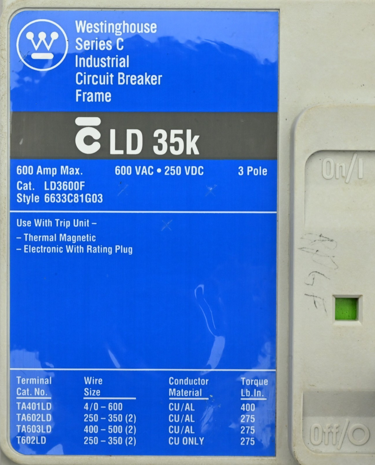 Westinghouse LD3600F Industrial Circuit Breaker 6633C81G03 600A 600VAC/250VDC 3P