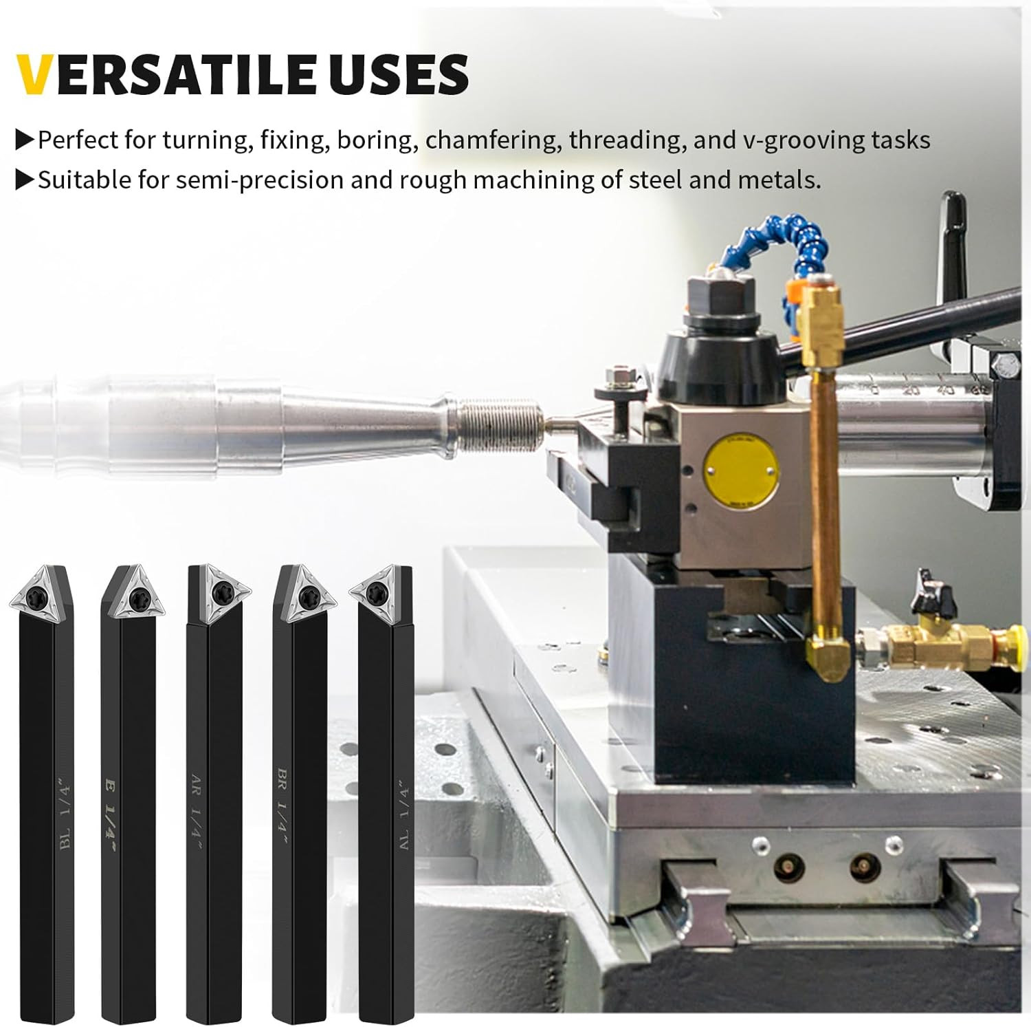 Metal Lathe Cutting Tools,5 Sets of 1/4 Carbide Metal Cutting Tool Bits Kit，Inde