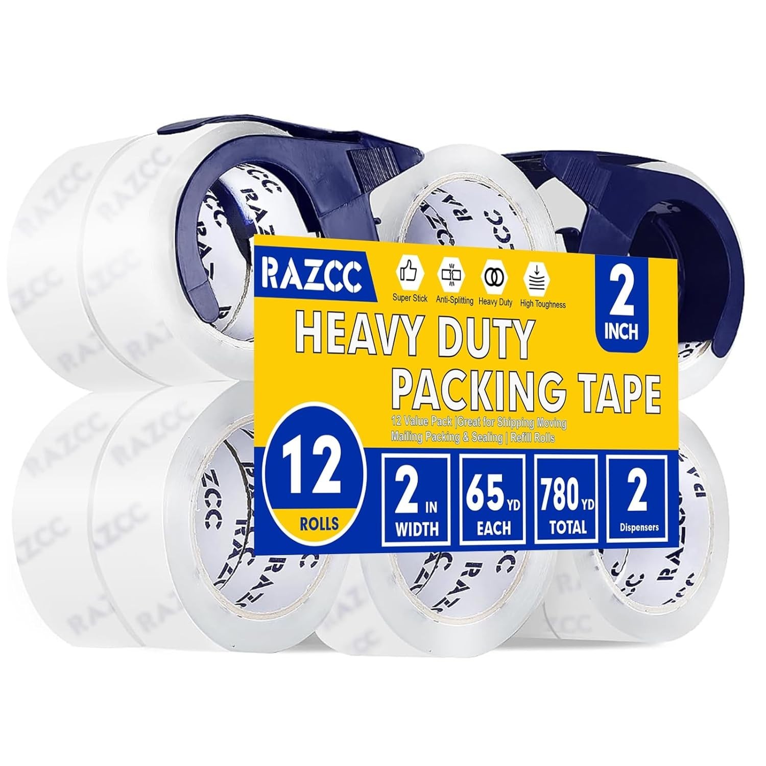 Clear Packing Tape, 12 Rolls Heavy Duty Packaging Tape with Dispensers for Pa…