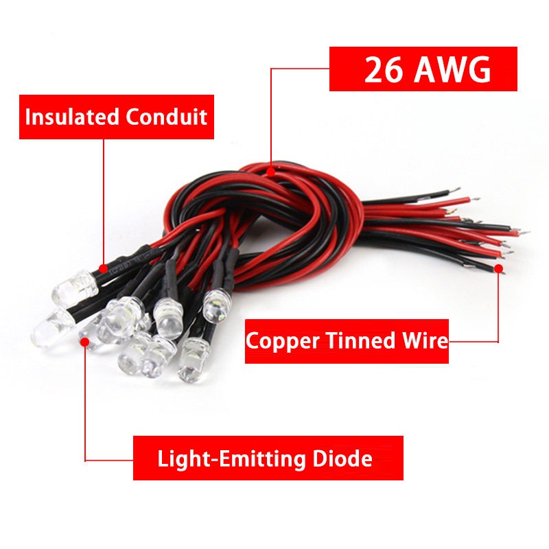 3mm/5mm Small LED Bulb Emitting Diode Lamp Bead 5V-12V with 20cm Pre-wired Cable