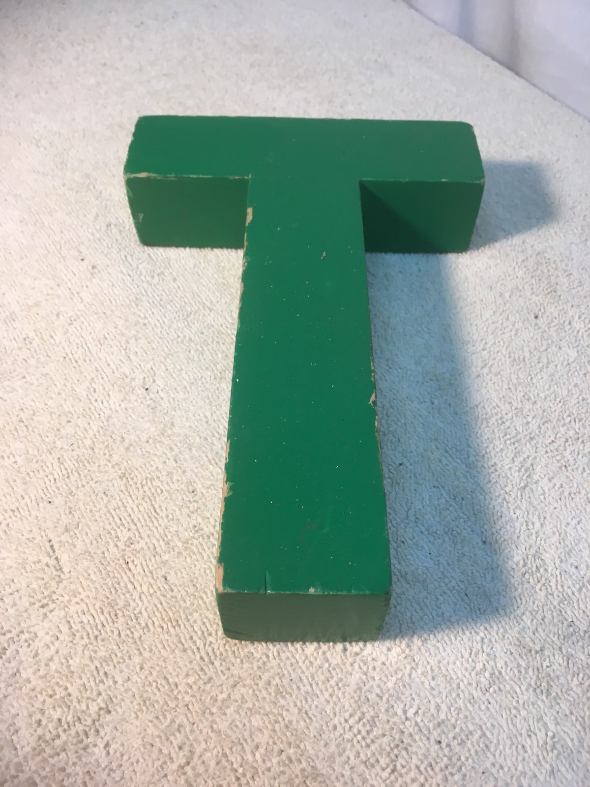 Letter T Big Vtg Wood Block Type Italic Font 8in x 5in x 1.5in Green