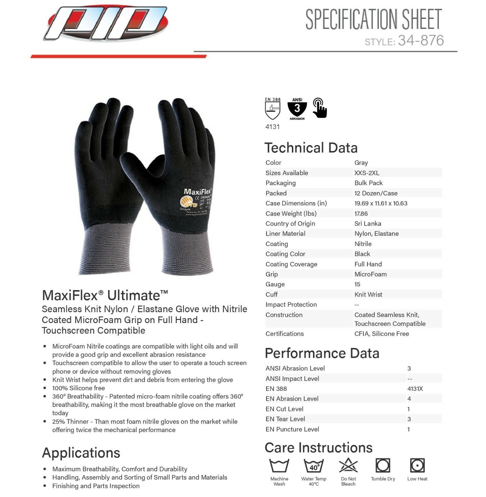 6 PR. 34-876 MaxiFlex Foam Full Palm Coated Nitrile Grip PROTECTIVE WORK GLOVES