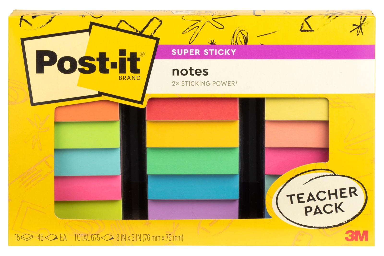 Post-It Super Sticky Notes Teacher Pack Assorted Colors 3 In. X 3 In. 15 Pads