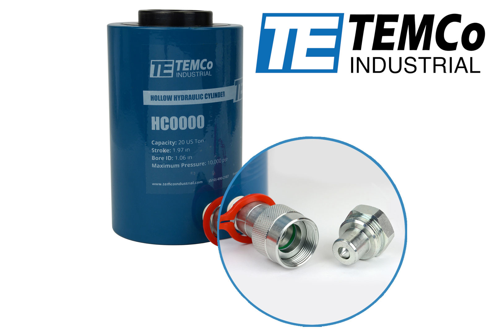 TEMCo Hollow Hydraulic Cylinder Ram 20 TON 2 In Stroke 5 YEAR Warranty