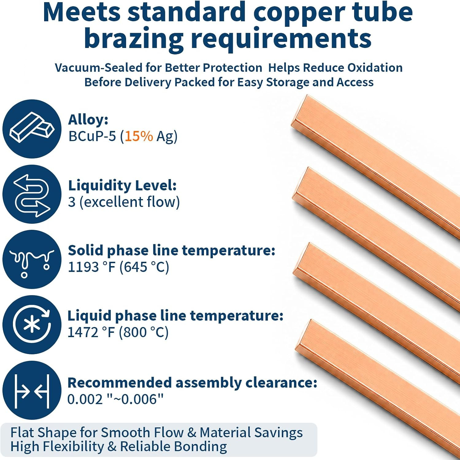 6 PCS 15% Silver Brazing Rods, AWS Bcup-5 Copper Phosphorus Alloy, 0.050″ X 1/8″