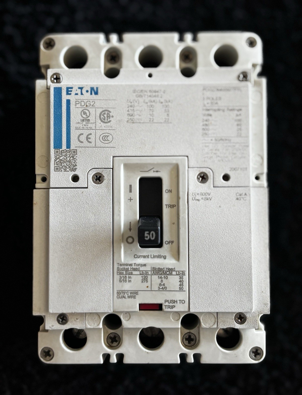 Eaton PDG23MD0050TFFL 50A 3-Pole 451-500V Main Breaker Trip Indicator