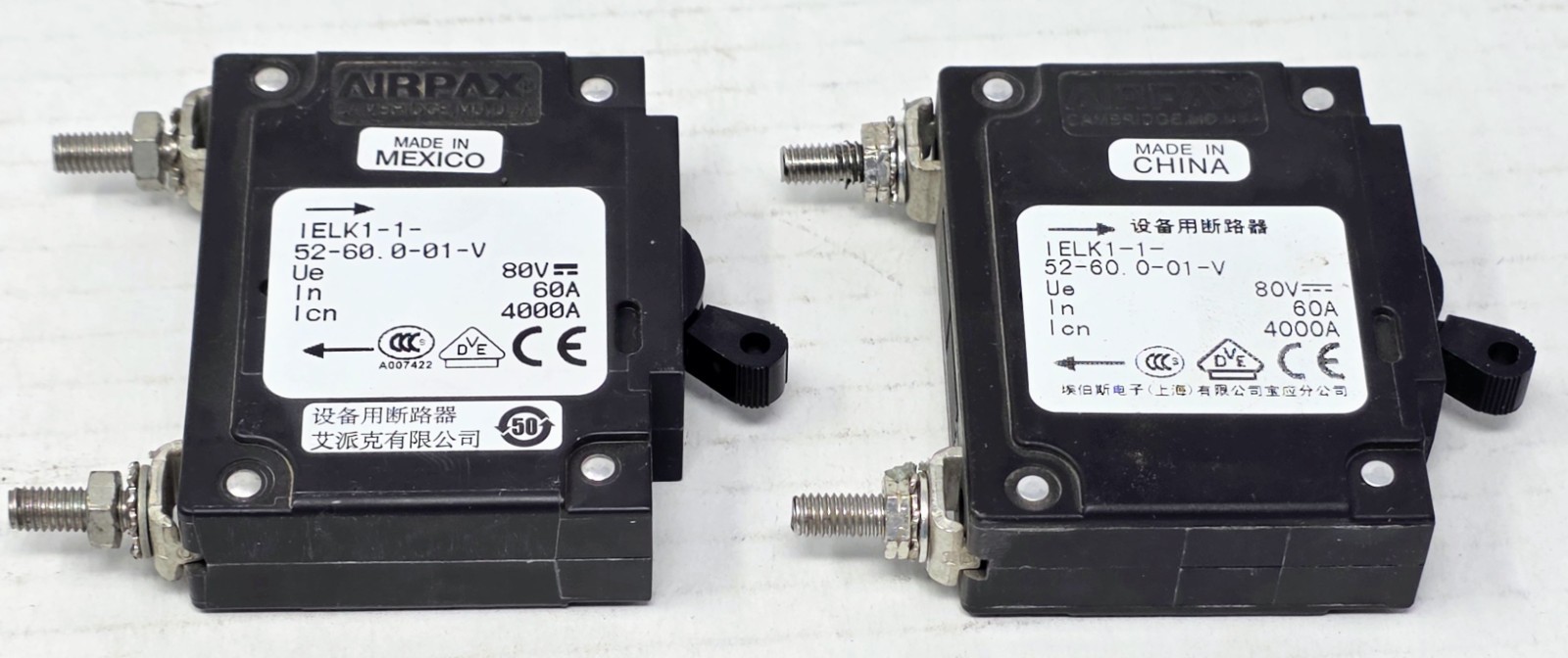(Lot of 2) Airpax Magnetic Circuit Breaker 60A IELK1-1-52-60.0-01-V