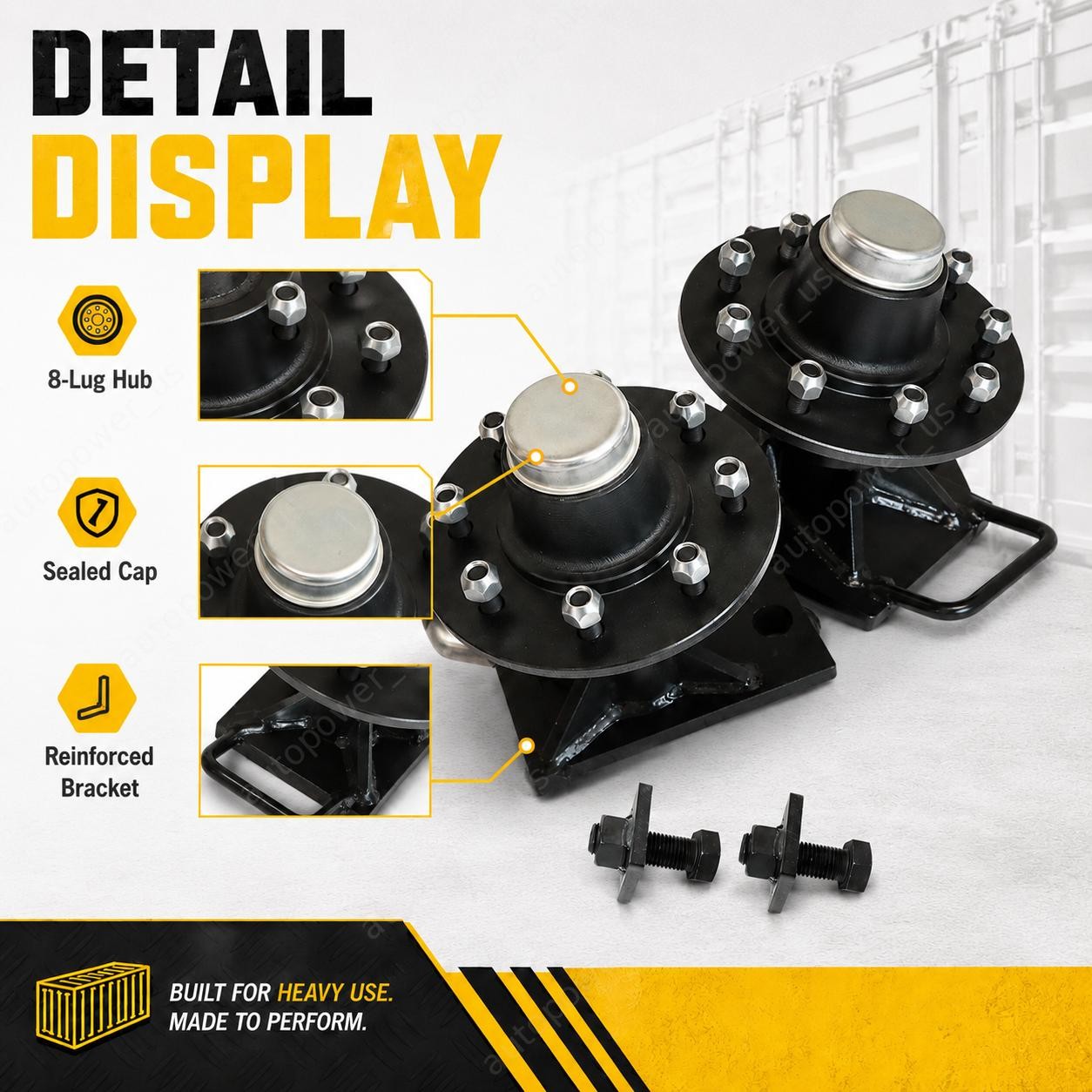 8 x 6.5 Lug – 9000LB Shipping Container Wheels Bolt-on Spindle Kit Pair