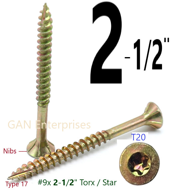 Torx 1-1/4 to 4″ Star Flat Head with nibs Yellow Zinc Type 17 Outdoor Wood Screw