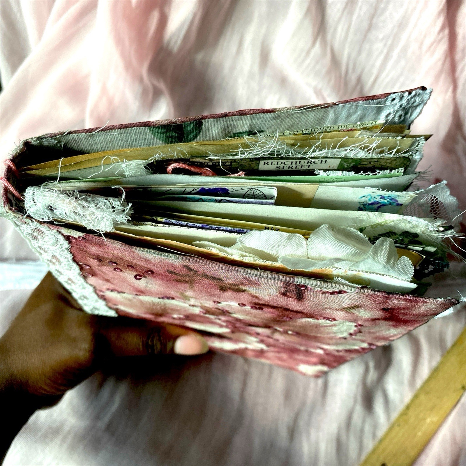 Handmade Vintage Silk Fabric Junk Journal Book Romantic Floral 2 Signatures Lace