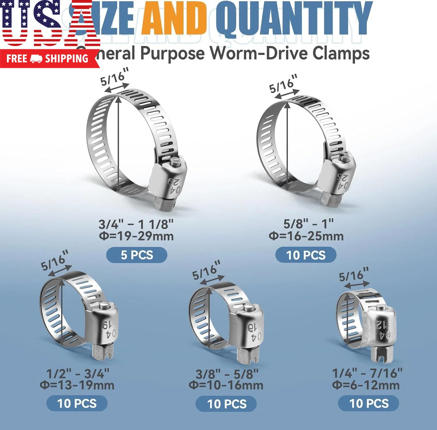 45 Pcs Stainless Steel Hose Clamp Assortment Kit Worm Gear Adjustable Hose Clamp