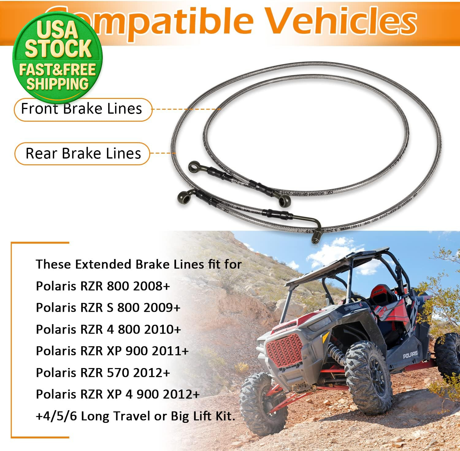Extended Front Rear Brake Lines Kit for Polaris RZR 800 900 570 XP 4 900
