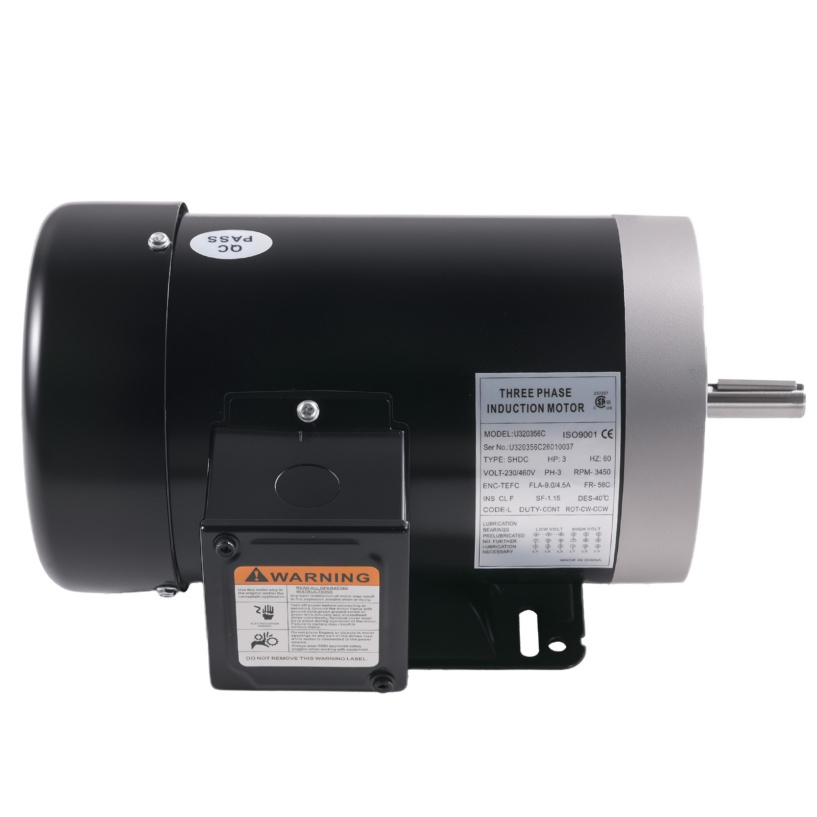 3 HP Electric Motor 3 Phase 56C Frame 3450RPM TEFC 230/460V Air Compressor Motor