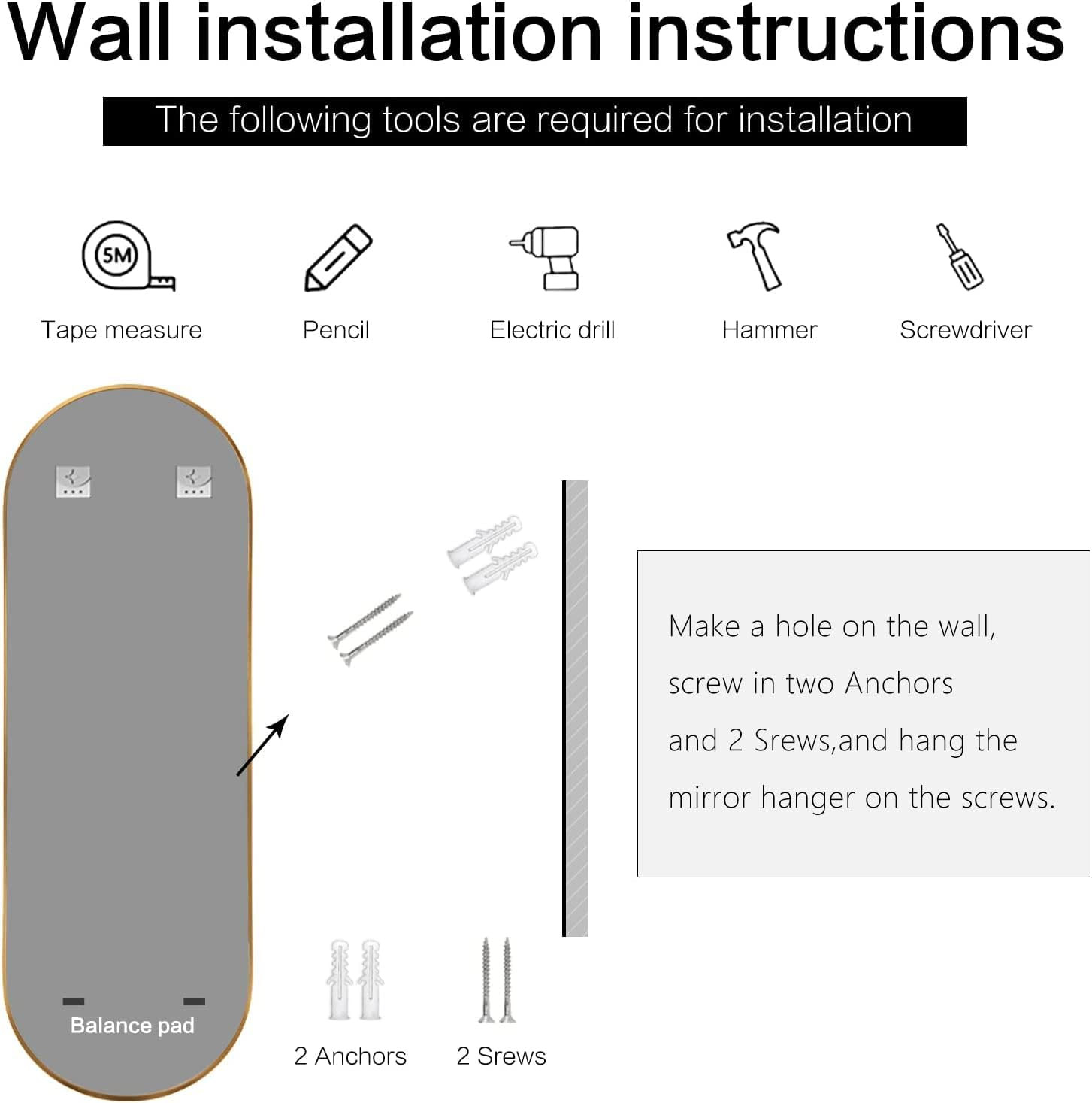 Oval Full Length Mirror, 65″×22″ Wall-Mounted Floor Mirror with Metal Frame, Ult