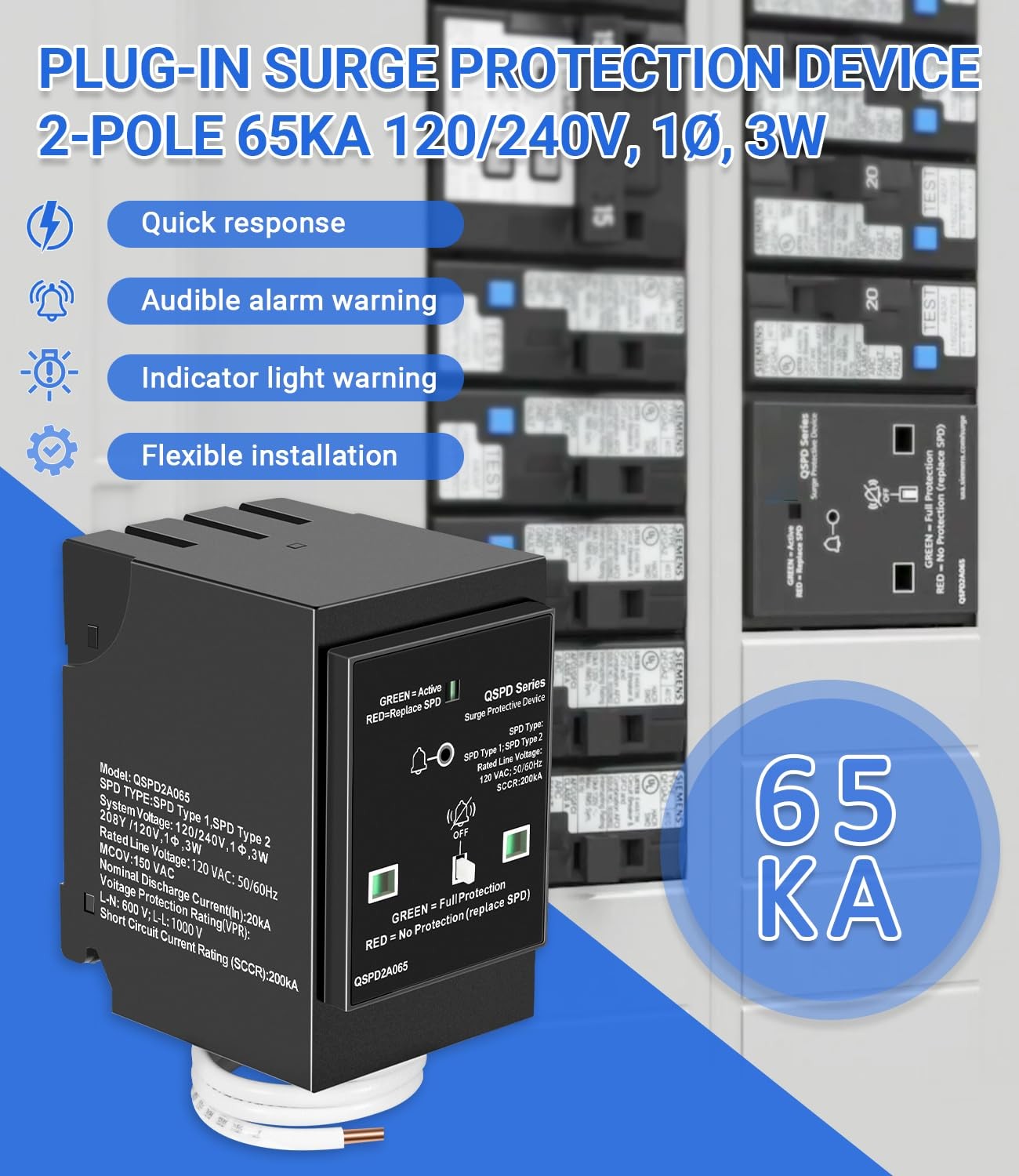 for Siemens QSPD2A065P Plug-in Surge Protection Device, 2-Pole 65kA 120/240V 1Ø