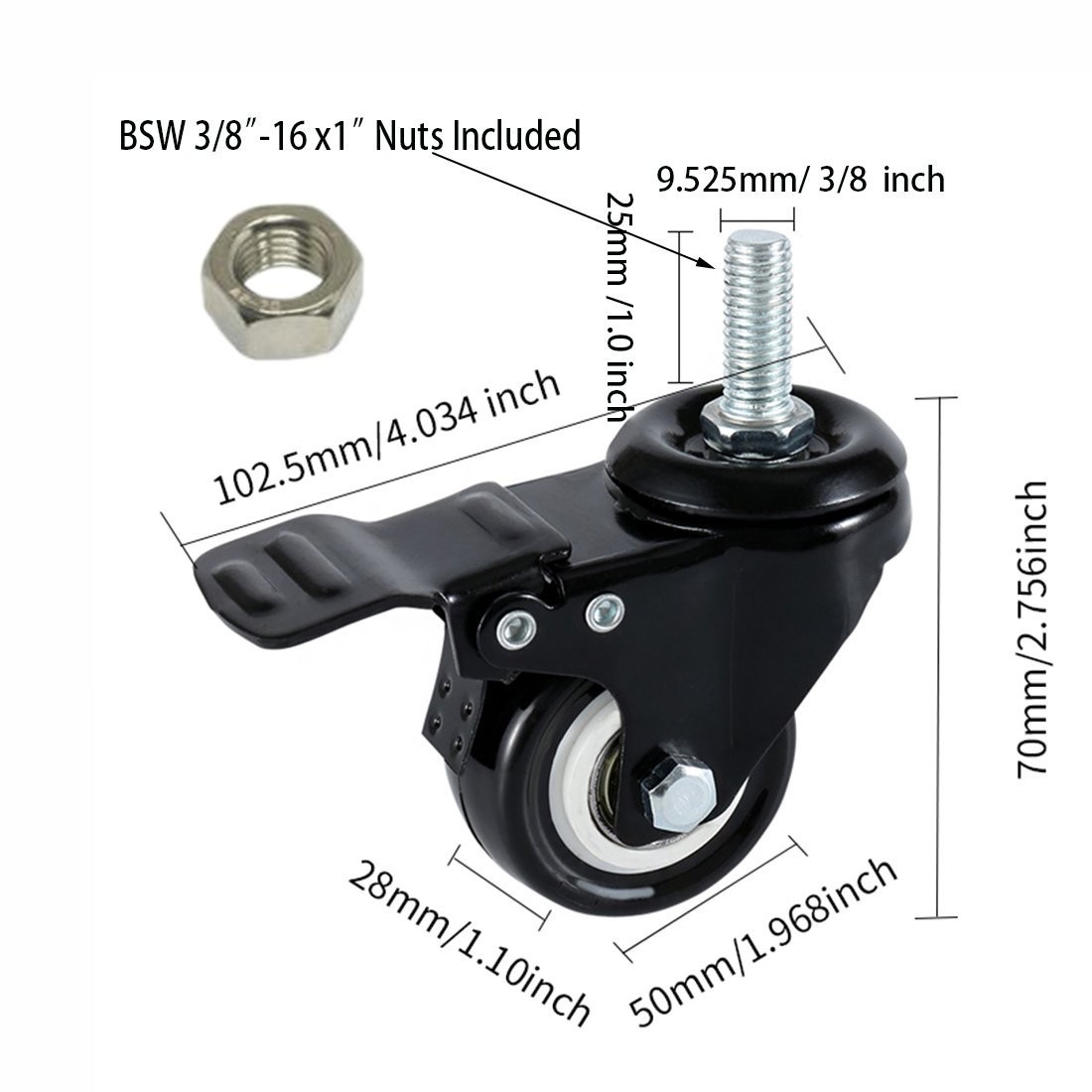 2″ Stem Casters, Heavy Duty Swivel Stem Casters PU Foam Quite Mute No Noise C…