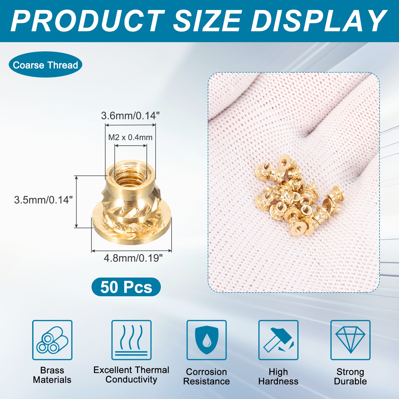 50 Pcs M2 x 3.5mm H x 3.6mm OD Brass Knurled Flange Threaded Inserts