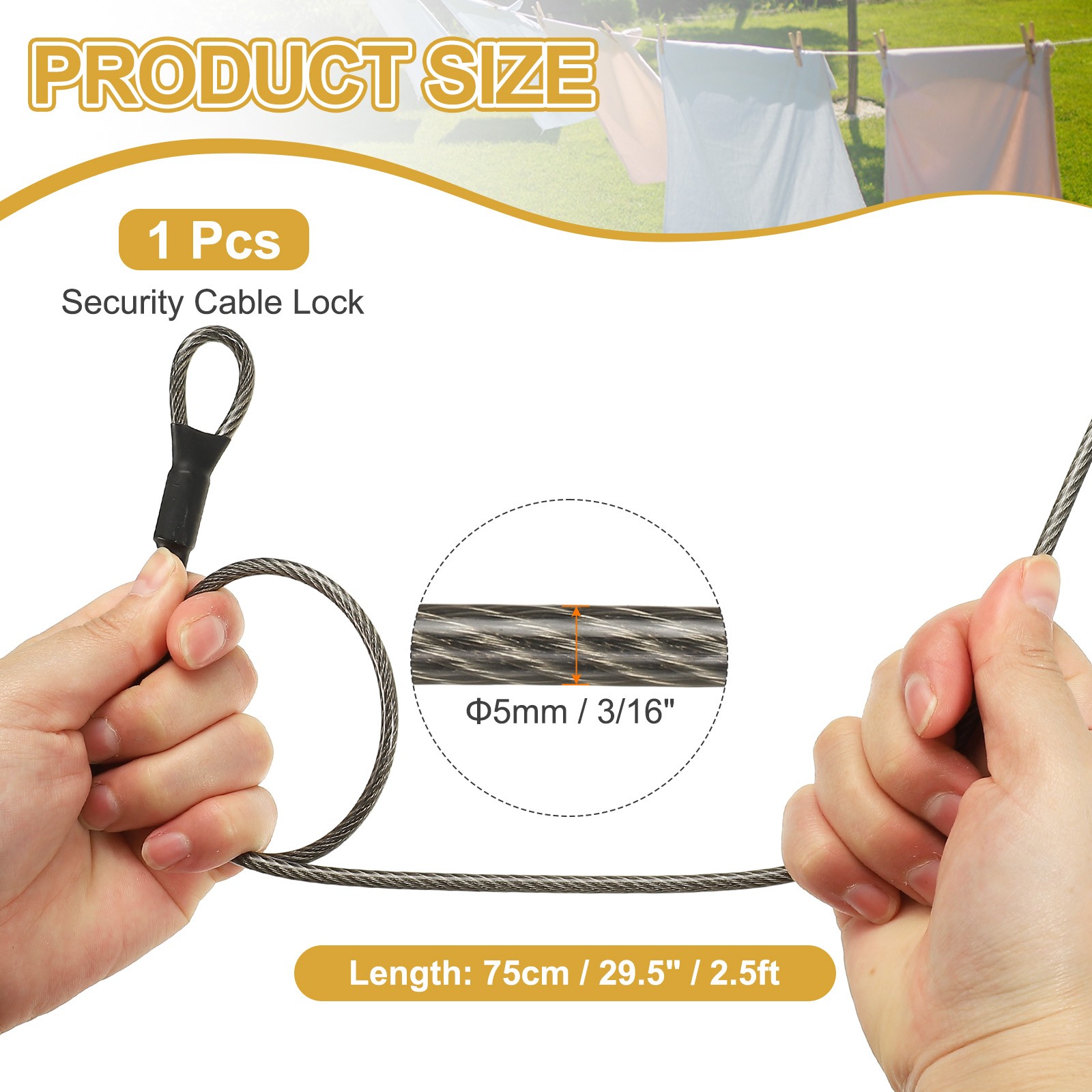 3/16″ Dia 2.5ft Security Cable Lock Vinyl Coated Steel with Double Loop Gray
