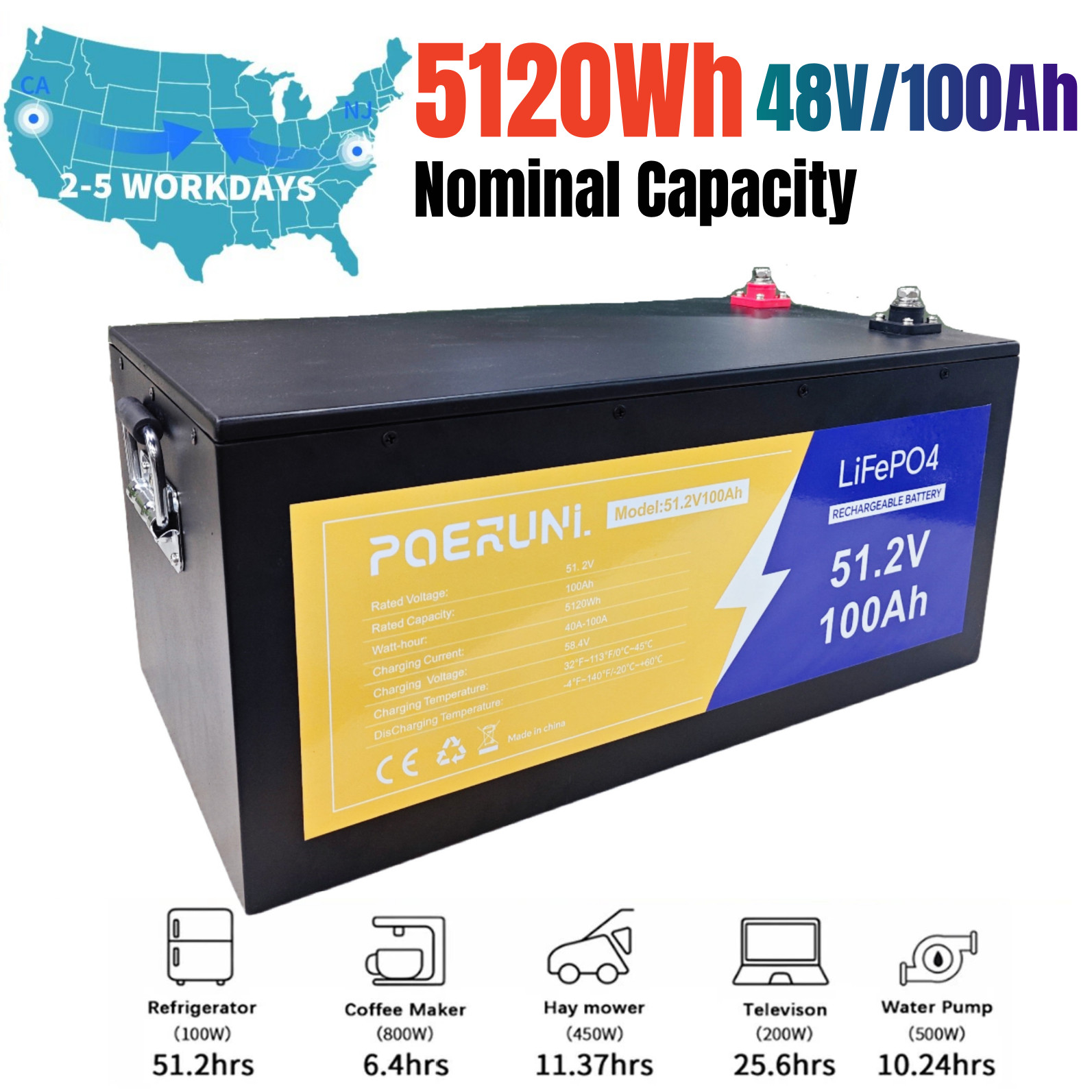48V 100Ah LiFePO4 Lithium Battery 100Ah 5120Wh with BMS For Solar/RV/Golf Carts