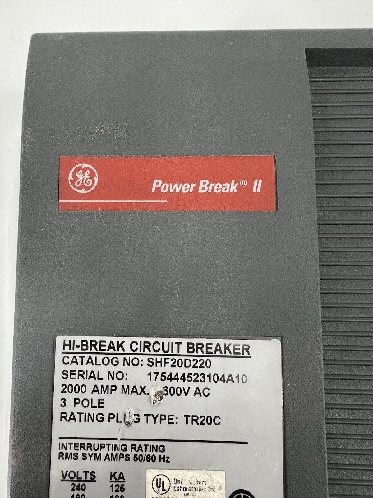 GE SHF20D220 Hi-Break Circuit Breaker, 2000A, 600V, 3P, 3Ø w/ SPUV120AC