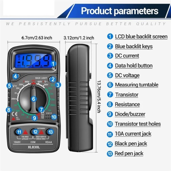 Digital Multimeter AC DC Voltmeter Ammeter Ohmmeter Volt Tester Meter XL830L