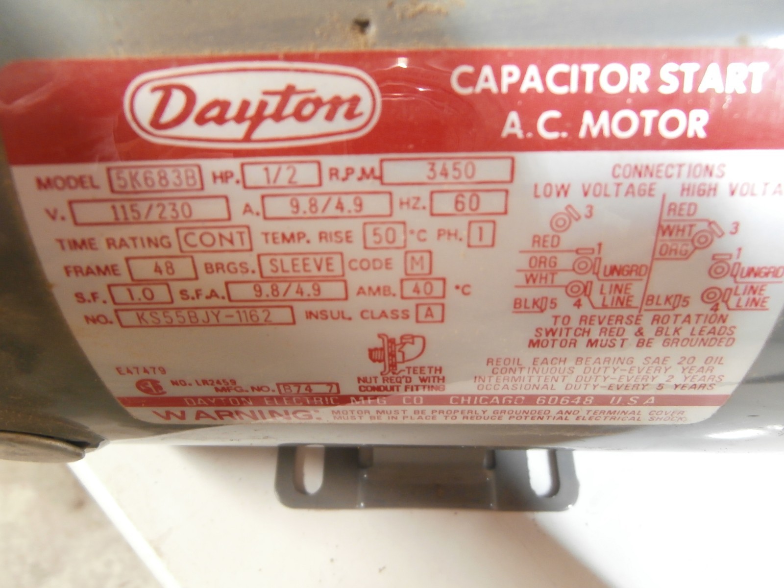 Dayton 5k6838 Capacitor Start Motor 1/2 HP, 115/230V, 3450 RPM, 48 frame