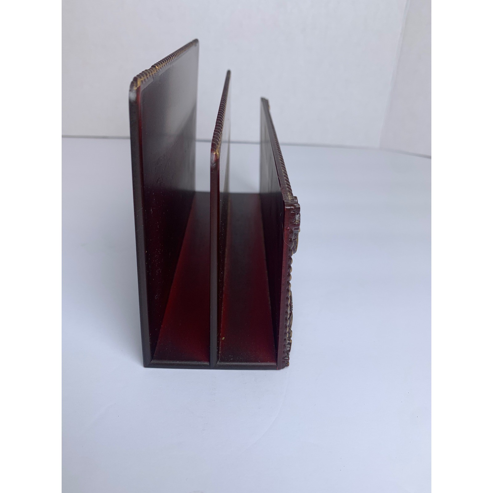 Vintage Mahogany Style Letter Organizer Gold Acanthus Leaf Desk Mail Sorter 8in