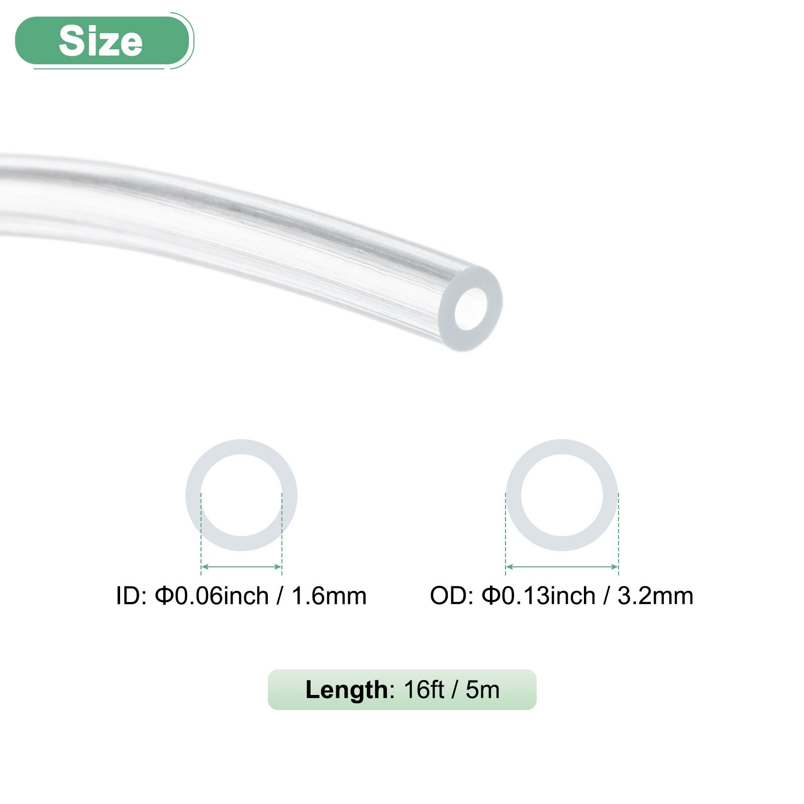 Clear Plastic Tubing, 0.06Inch(1.6mm) ID 0.13Inch(3.2mm) OD, 16ft(5m) Length