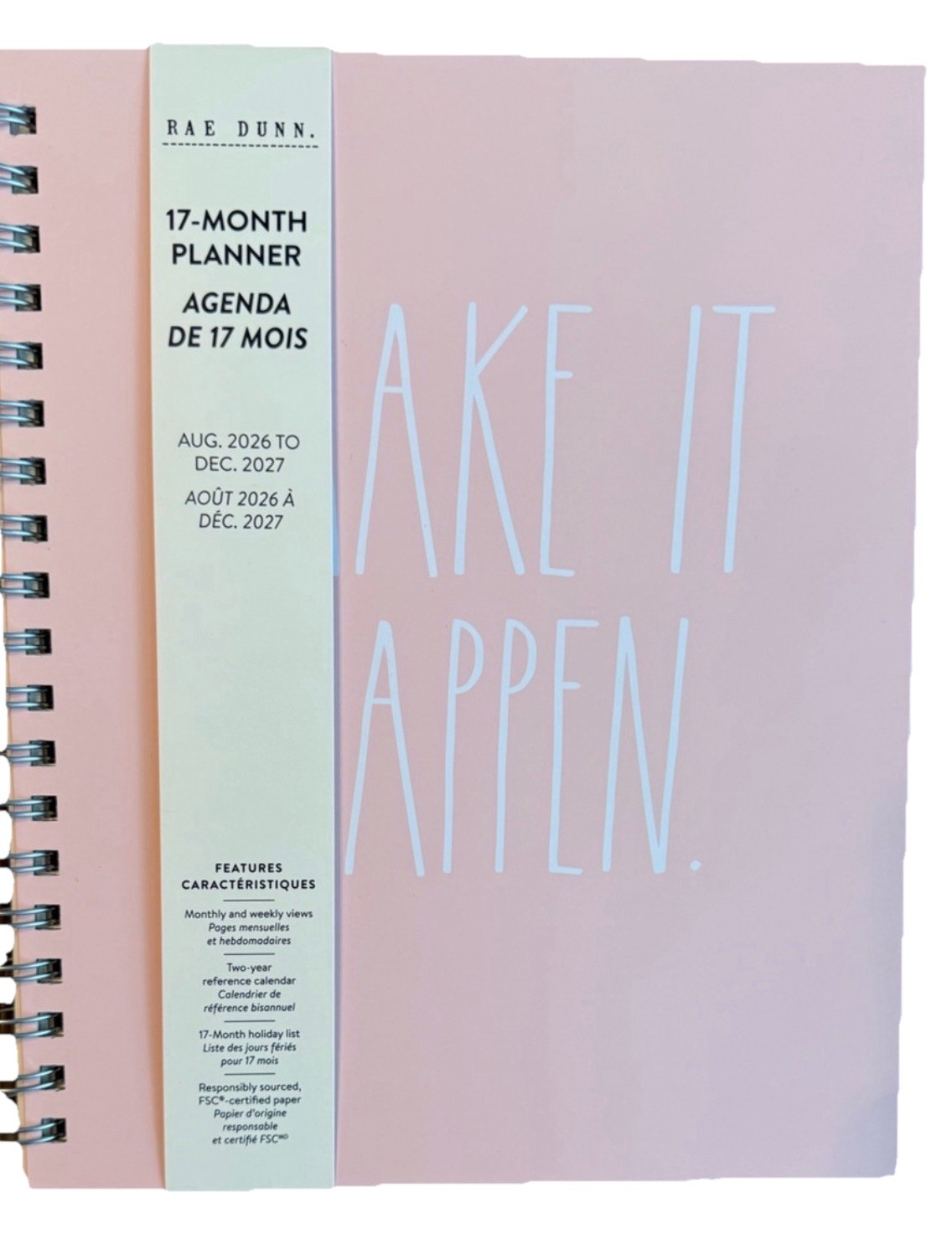 2027 Planner Rae Dunn Make It Happen 17 Months Aug 2026- Dec 2027 Pink 10×8”