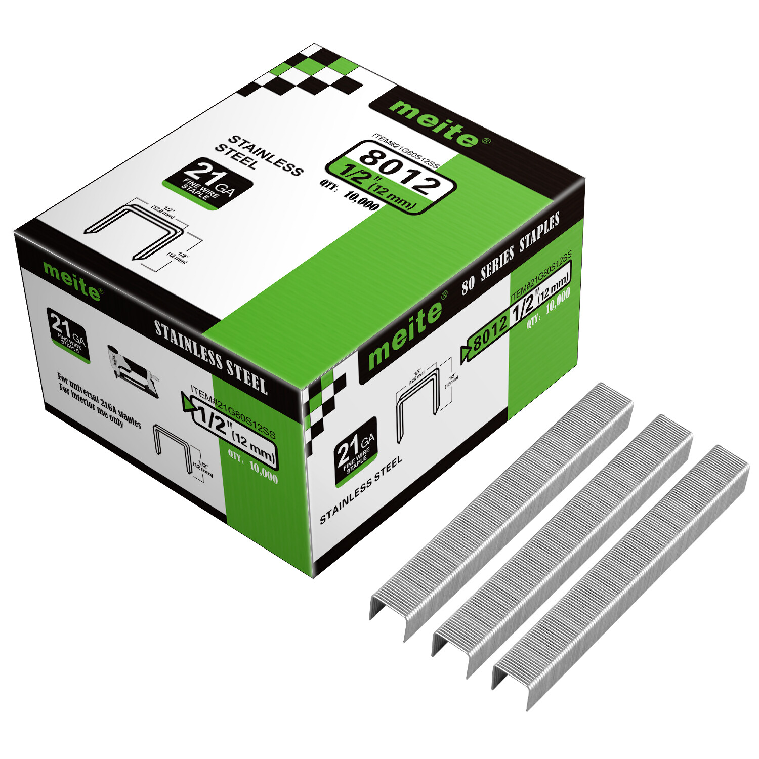 Meite 21GA 1/2 Inch Crown Stainless Steel Upholstery Staples 8016B (10,000 PCS)