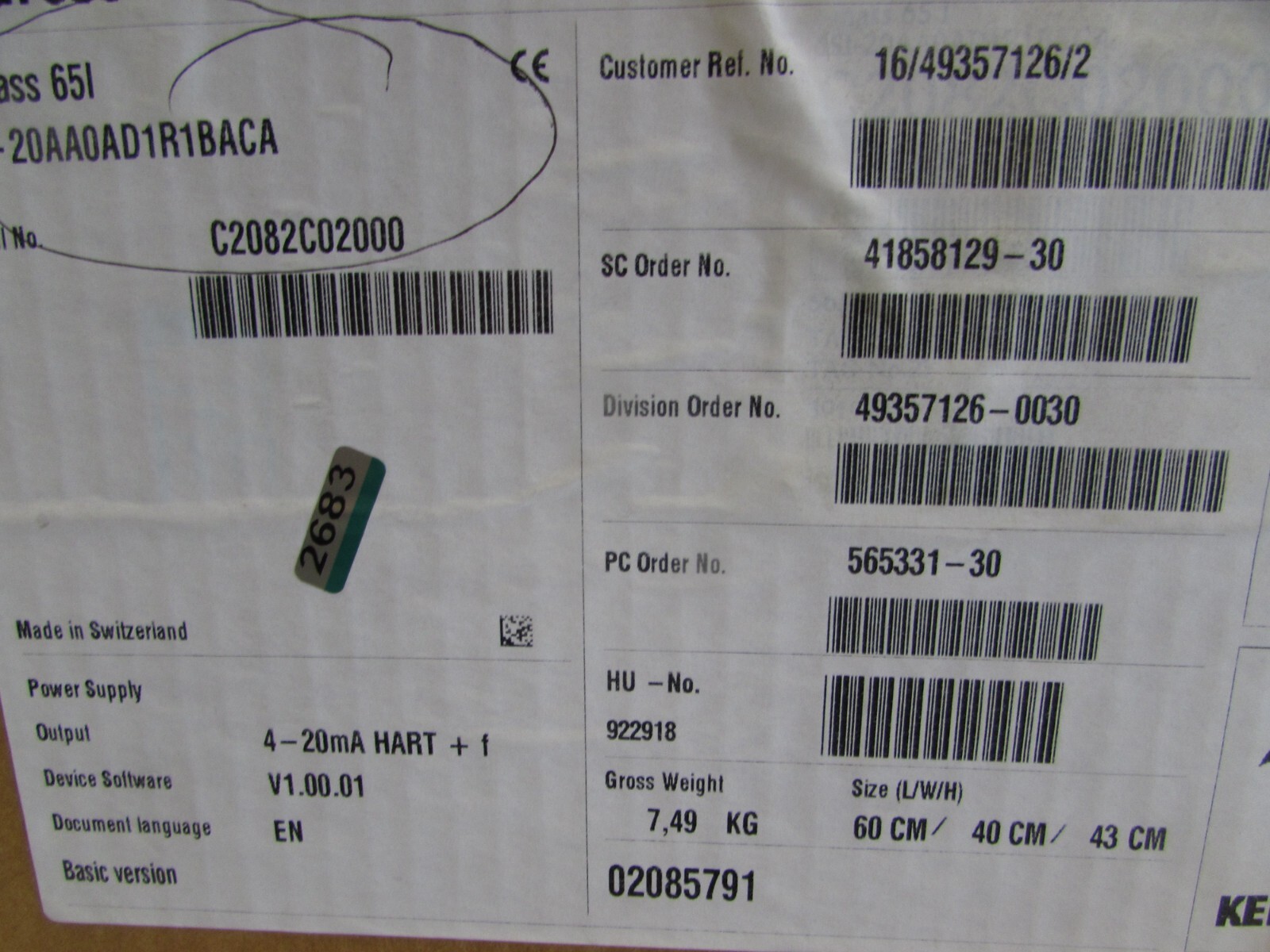 ENDRESS + HAUSER 65I-20AA0AD1R1BACA , PROLINE t-MASS 65I, HART FLOWMETER,7″ NEW!