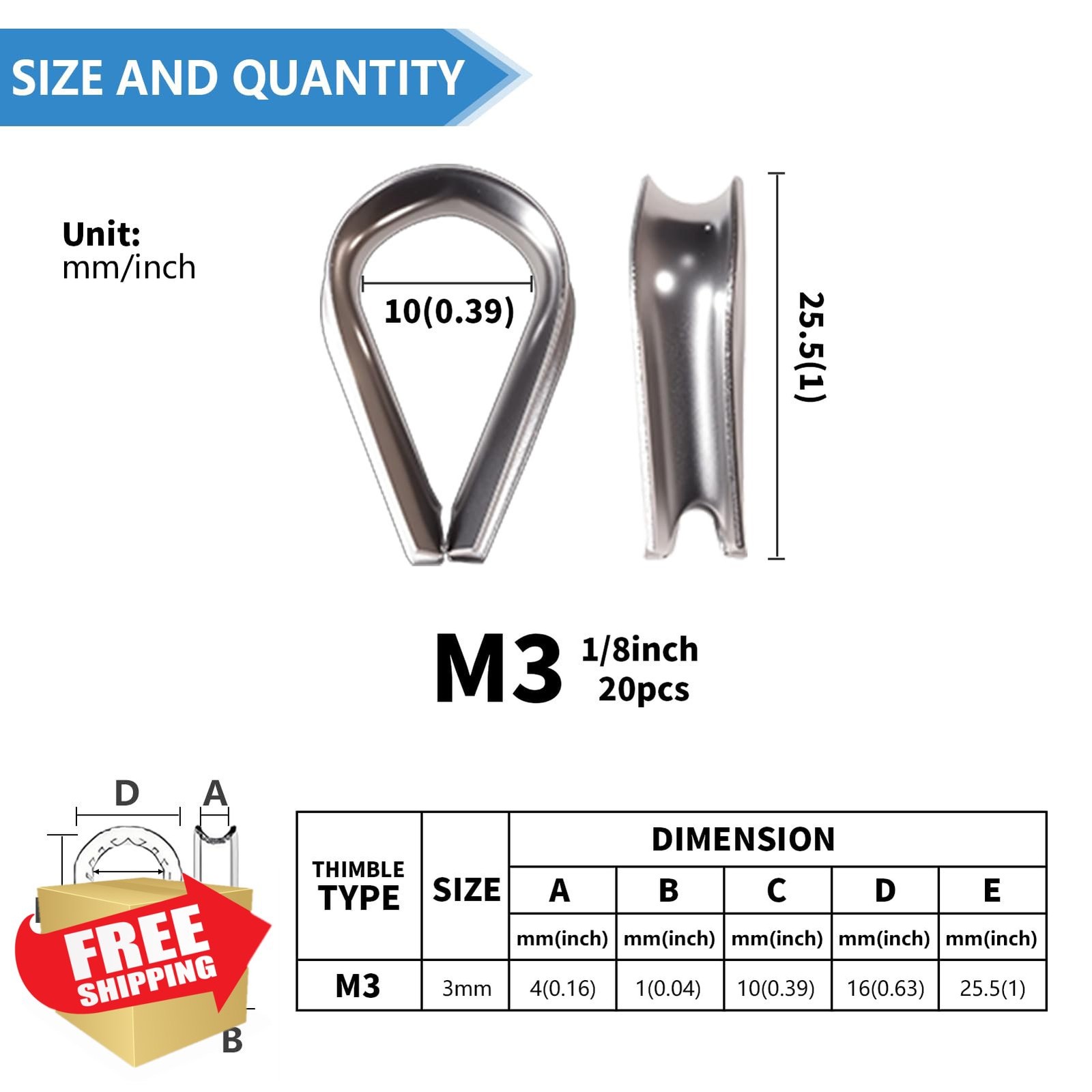 RABECH 20pc M3 1/8″ Wire Rope Thimble Stainless Steel