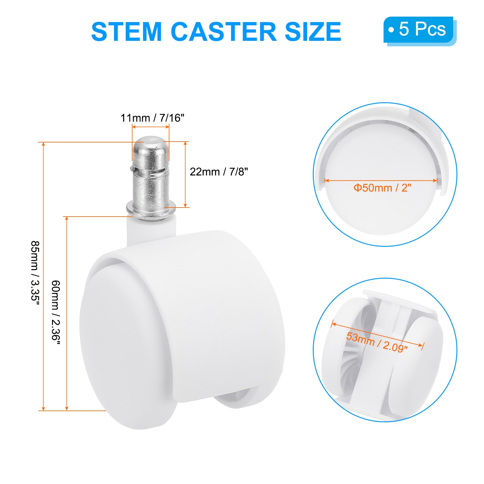 5Pcs 2 Inch Office Chair Wheels Smooth Quite Gaming Chair Rolling Caster White
