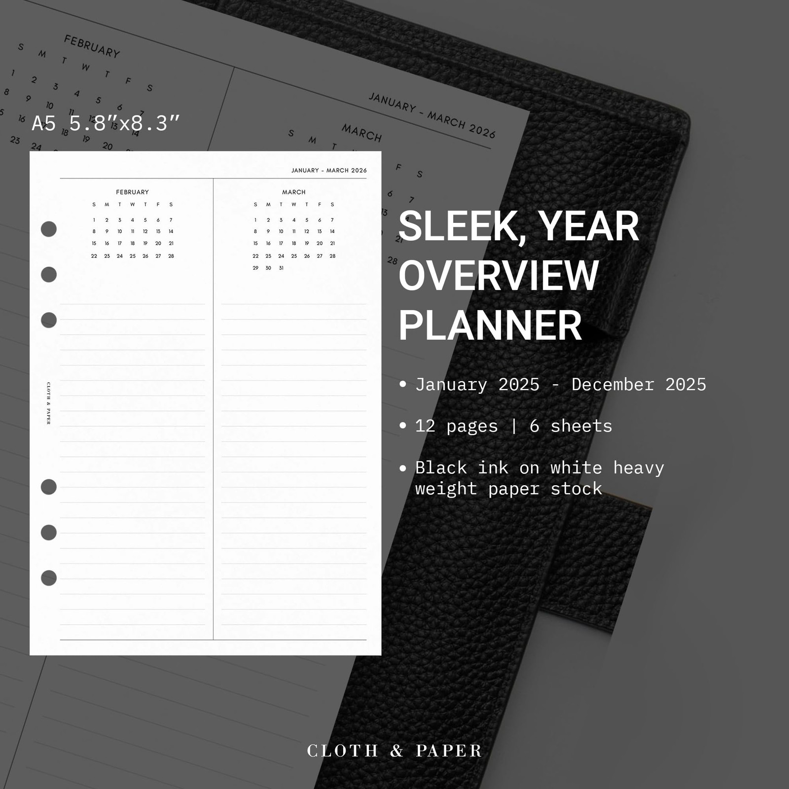 Cloth & Paper 2026 Year Overview Planner Inserts| A5 5.8 x 8.3 inches, white