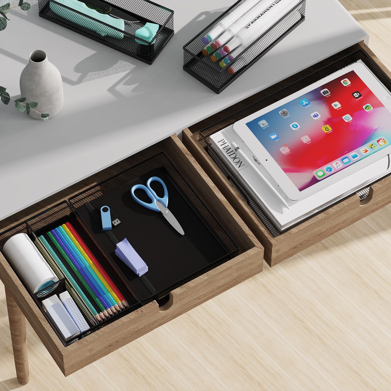 5 Pack Desk Drawer Organizers, Metal Mesh Office Organizer Tray, Paper Letter