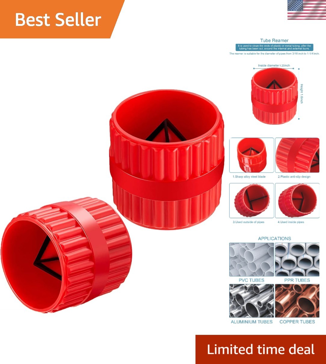 Red Deburring Reamer Set: Precision Inner-Outer Chamfer Tool for Various Pipes