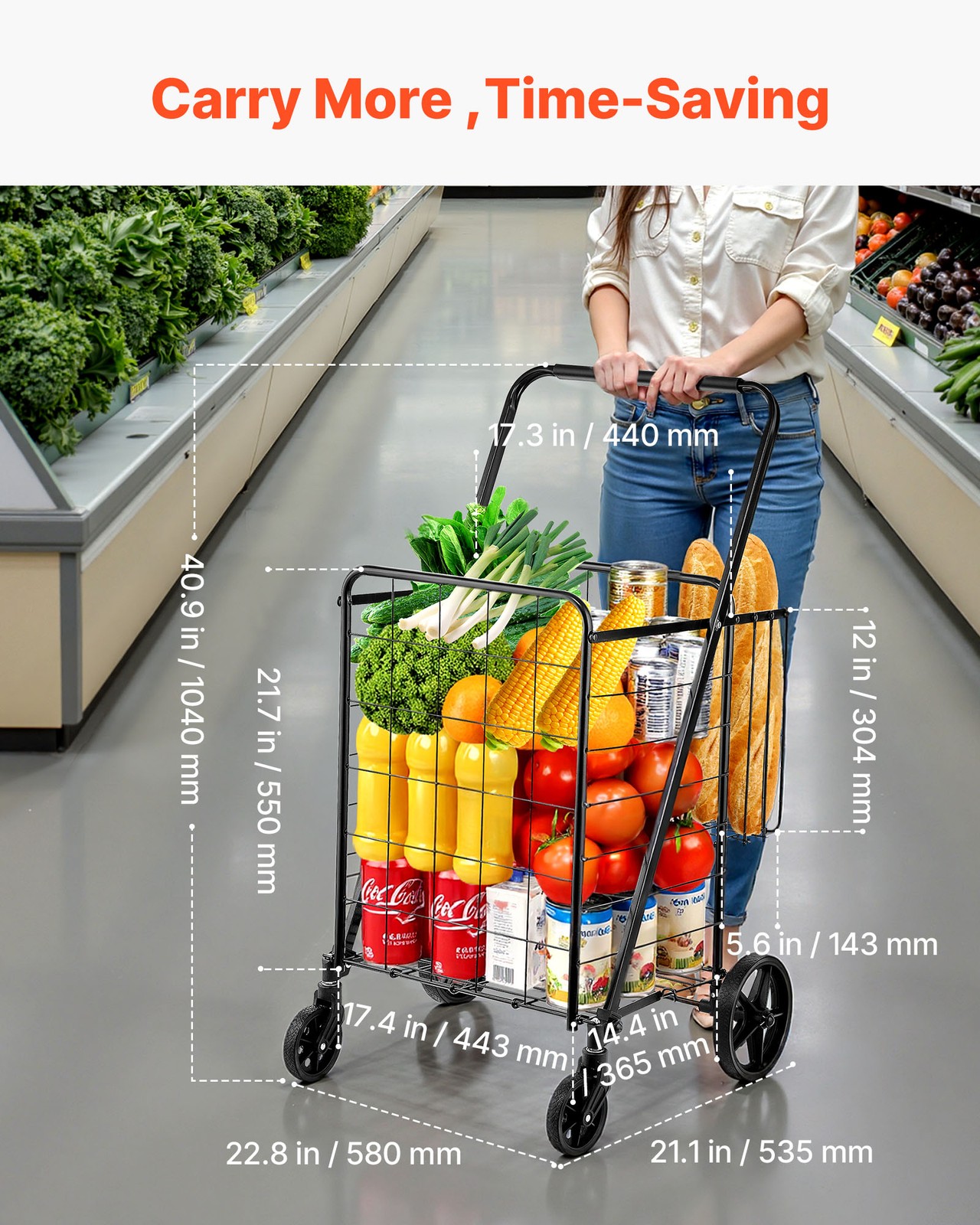 VEVOR Folding Shopping Cart Rolling Grocery Cart with Double Baskets 110 LBS
