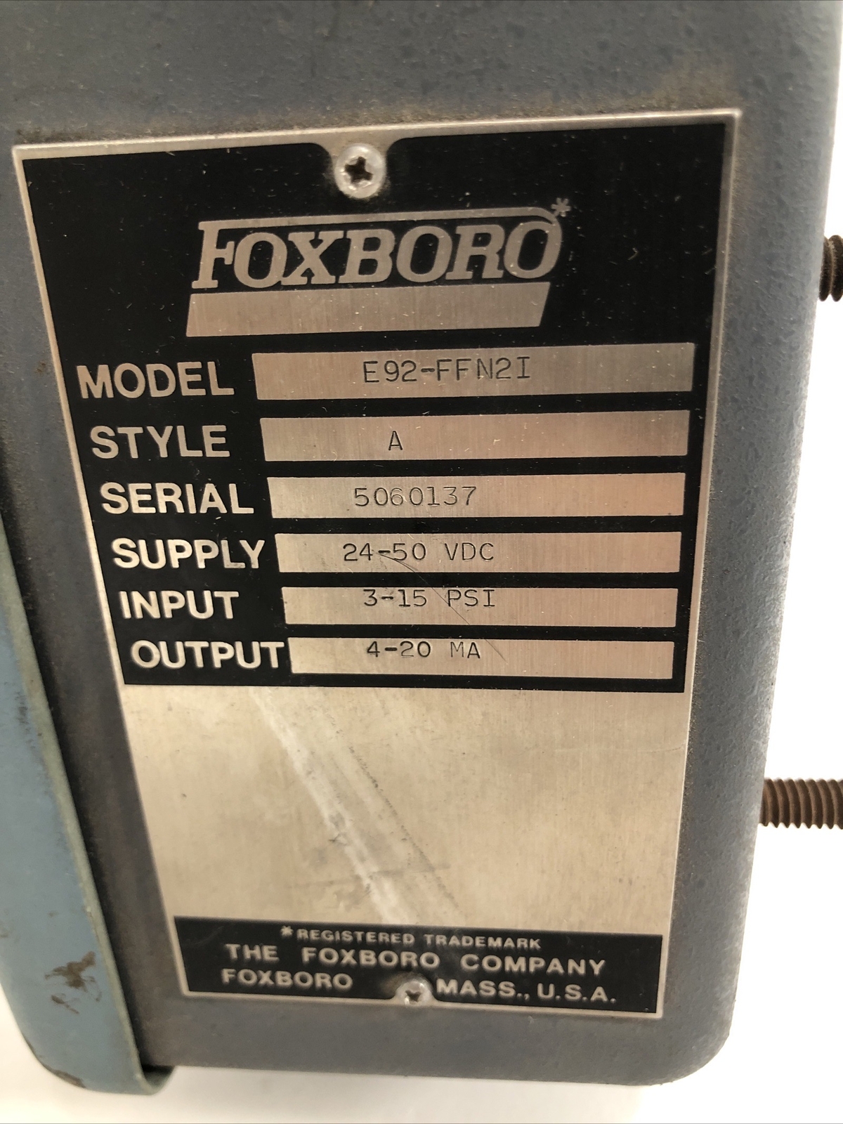 Pre-Owned Foxboro E92-FFN2I Air to Current Converter, Style A; No Bracket