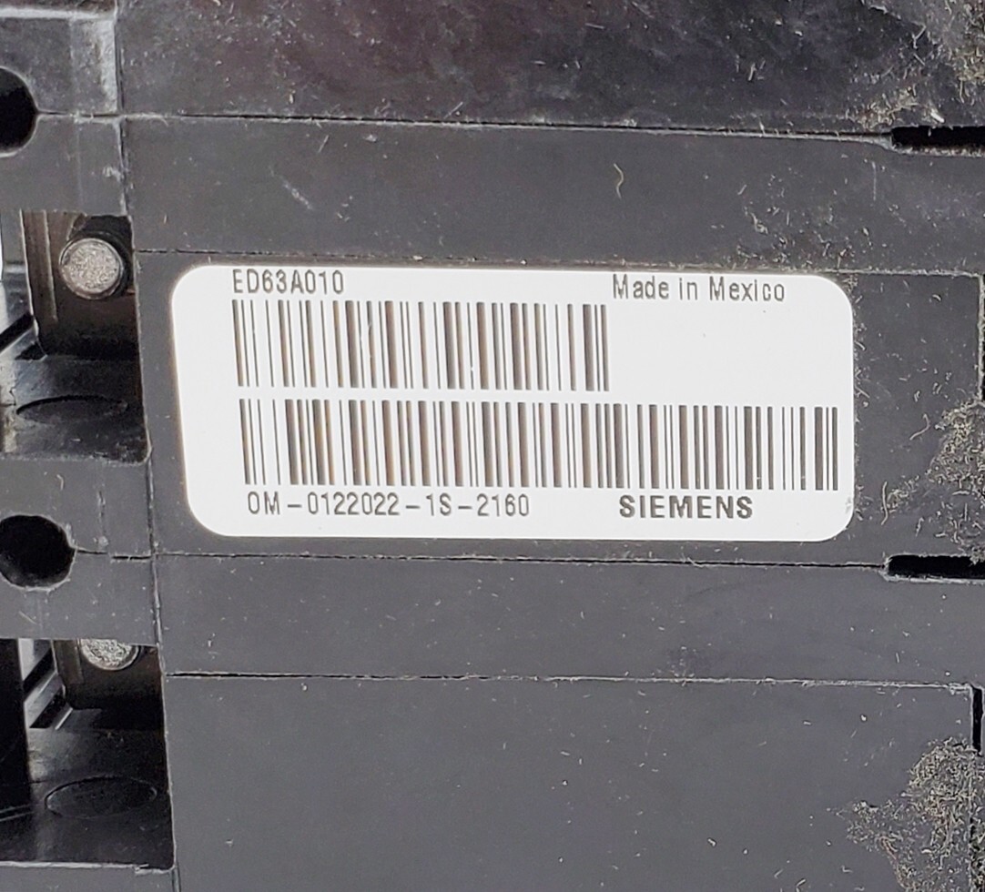 Siemens ED63A010 Circuit Breaker Sentron 10A 600VAC 3P, New!