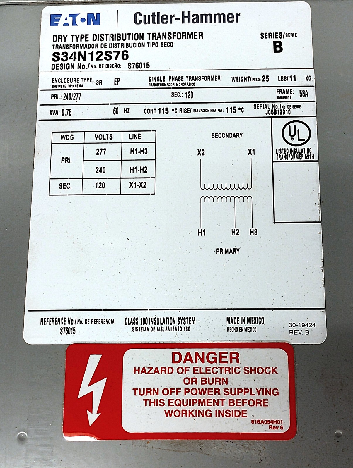 Eaton S34N12S76 Type EP 240/277 VAC Step-Down Transformer w/ 120 VAC Output