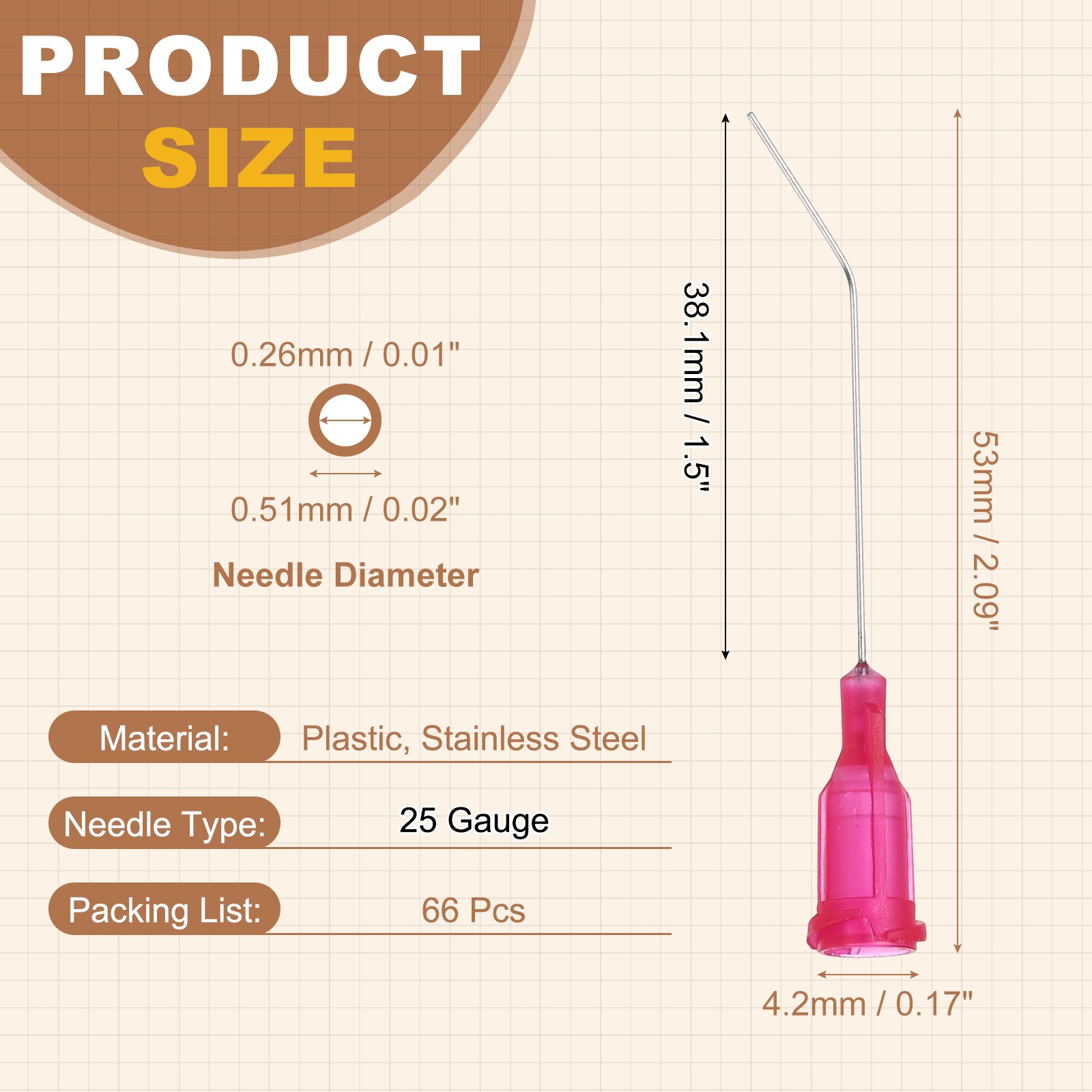 66Pcs 1.5Inch 25Ga 45° Angled Dispensing Needles, Rose Red