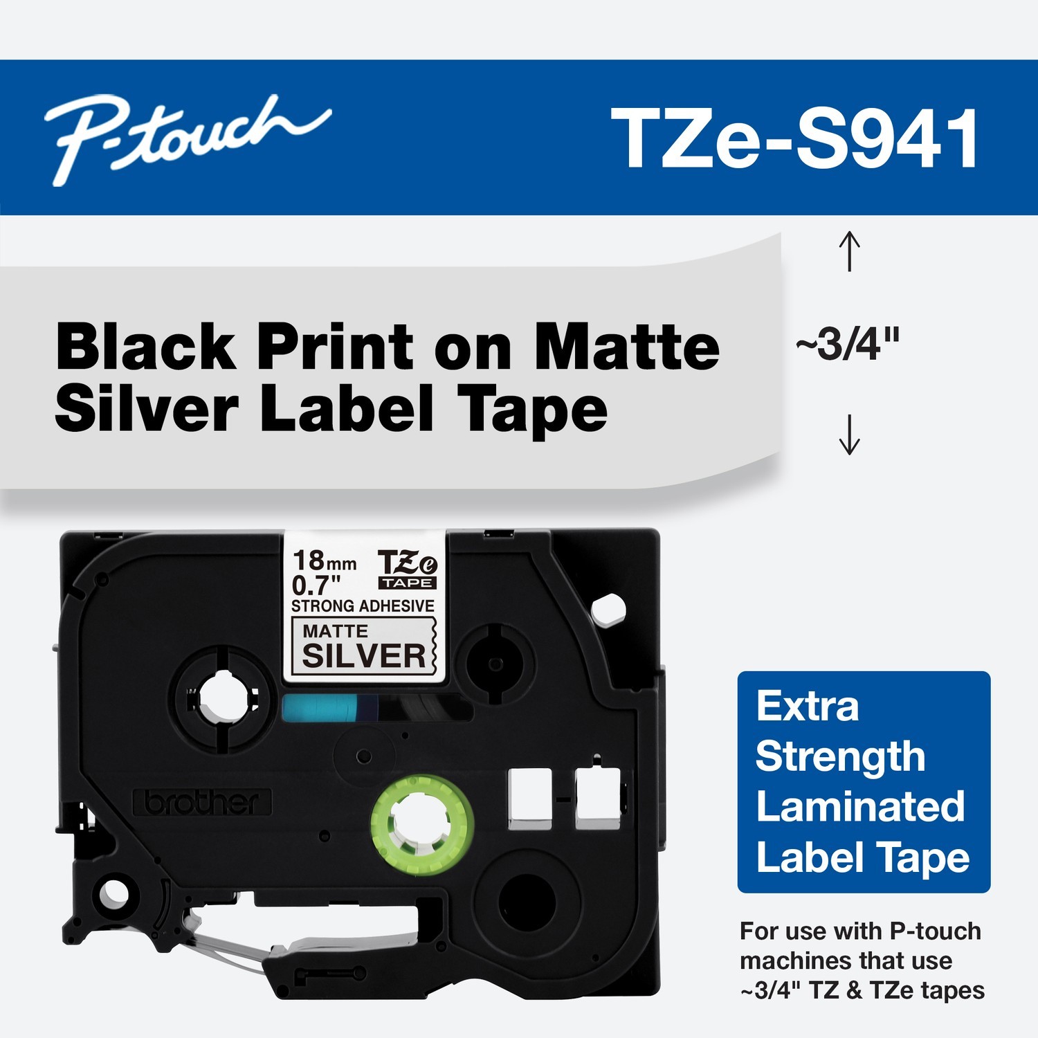 Genuine Brother TZe-S941 Strong Adhesive Black on Silver 18mm 3/4″ Label Tape